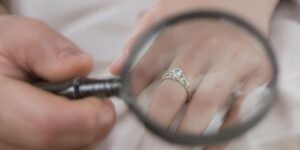 Mãos segurando lupa sobre anel de casamento.